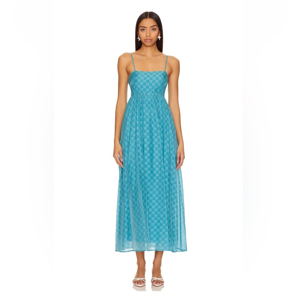 Revolve MinkPink Lucille Maxi Dress Teal Checkered Gingham Resortwear Spaghetti